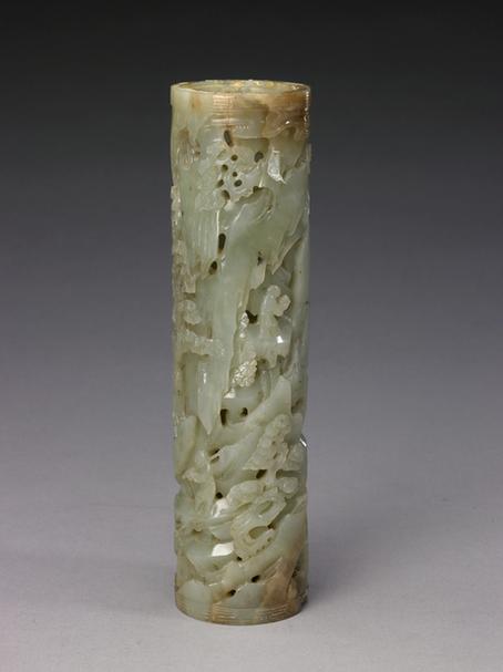 青玉镂雕山水人物耕田读书图香筒