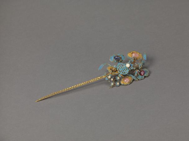 金镶珠石松竹灵寿簪