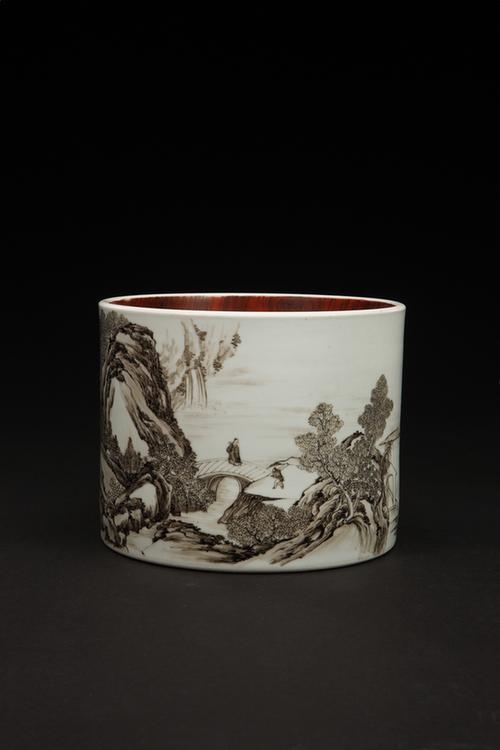 墨彩山水人物图笔筒