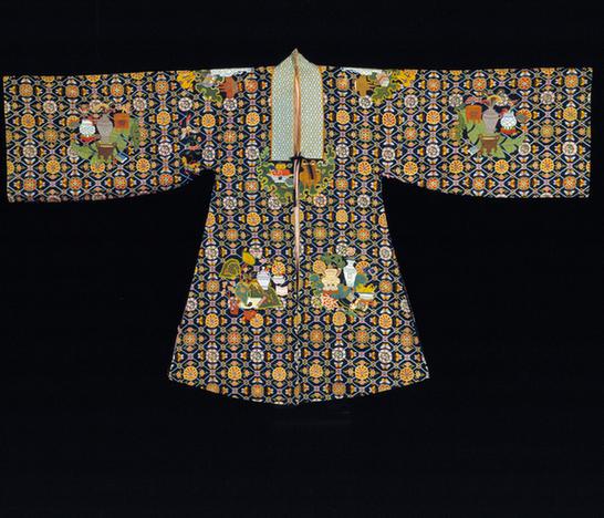 纳纱深蓝地方棋博古纹女帔