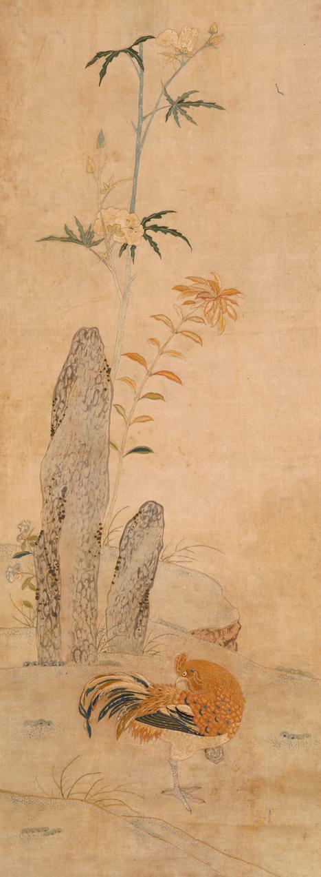 绣秋花雄鸡图轴