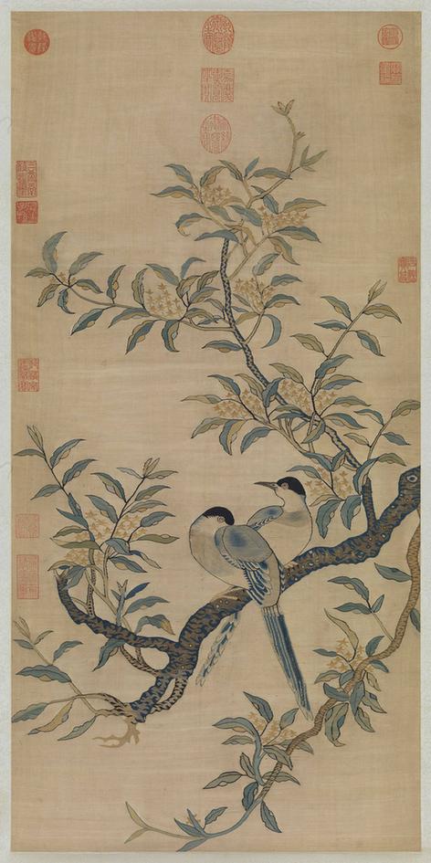 宋缂丝桂枝双喜图轴