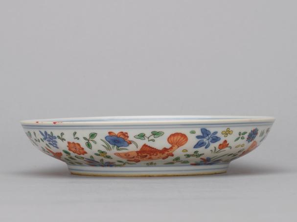 在川知乐款五彩鱼藻纹盘