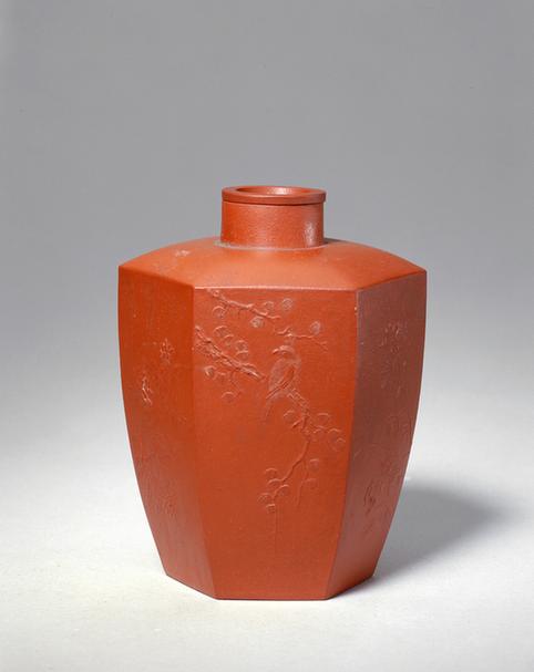 宜兴窑紫砂花鸟图六方罐