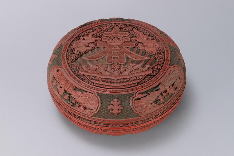 剔红寿春图开光山水人物图圆盒