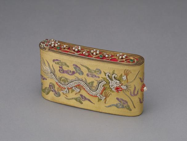 银镀金嵌珠石双龙纹扁手炉