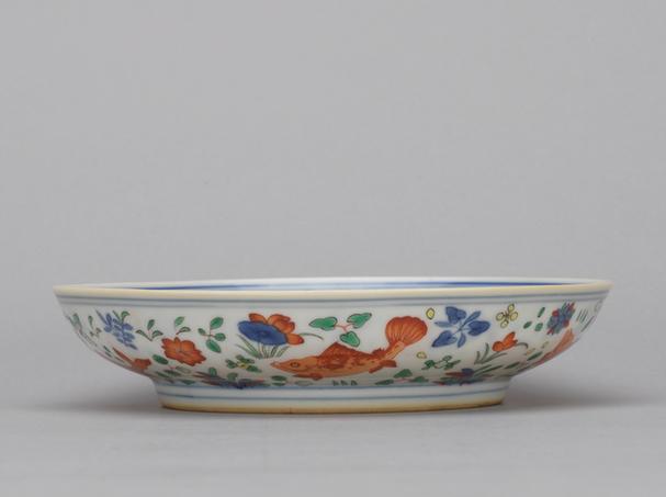 在川知乐款五彩鱼藻纹盘