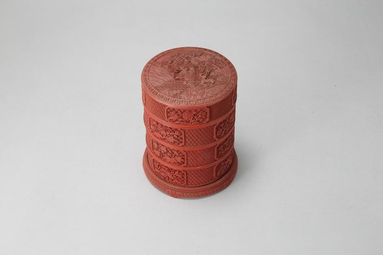 剔红山水人物图开光花卉纹三层圆套盒