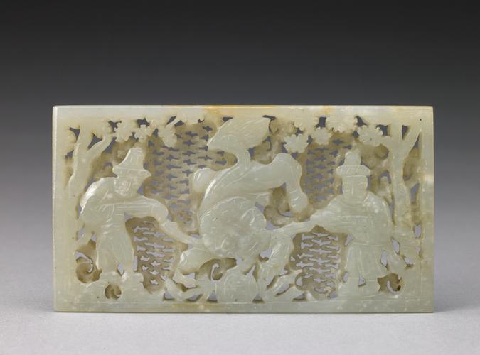 青玉透雕戏狮图长方带板