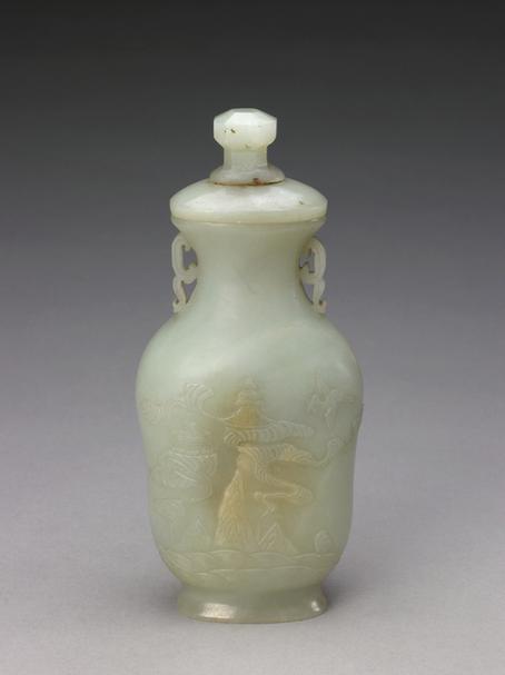 青玉浮雕刘海戏蟾海屋添筹双耳带盖瓶