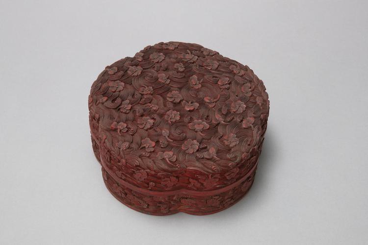 乾隆款剔红落花流水纹梅花式盒