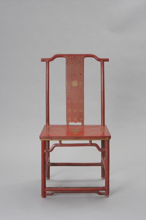 木红漆描金万蝠团花曲水双喜字纹椅子
