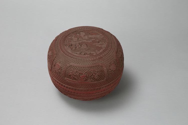 剔红山水人物图开光花卉纹圆盒