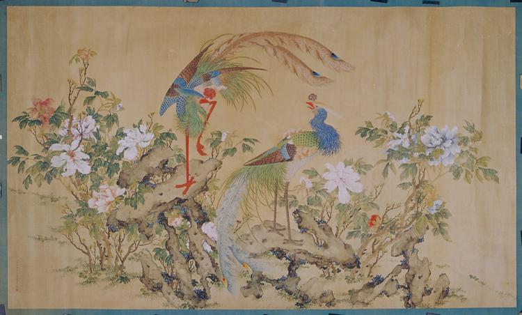 屈兆麟伍葆恒等合画双凤牡丹贴落