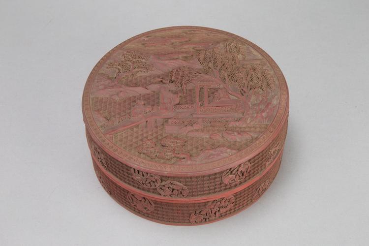 剔红山水人物图开光四季花卉纹圆盒