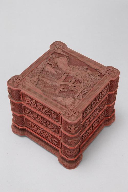 剔红山水人物图三层盒