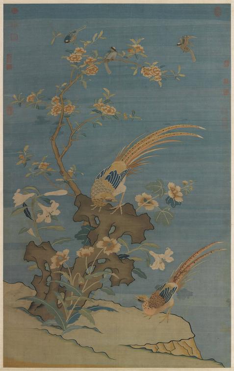 宋缂丝文石锦鸡轴