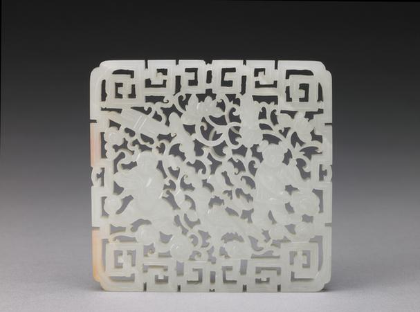 青玉透雕双童花鸟纹方珮