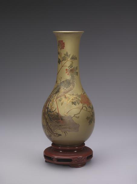 描金彩漆丹凤纹带座撇口花瓶