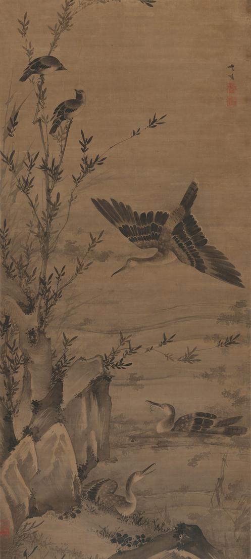 柳塘集禽图