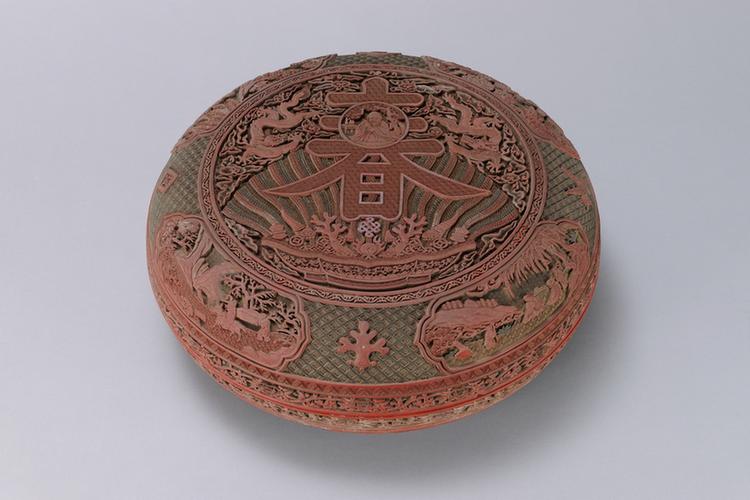 剔红寿春图开光山水人物图圆盒