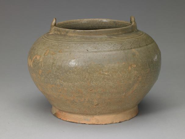 青釉印锦纹双系罐