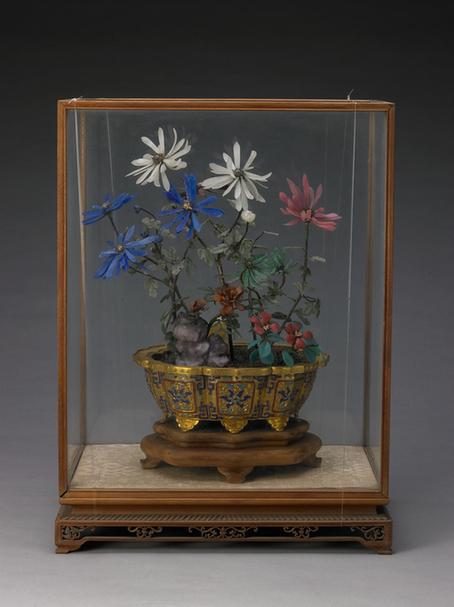 铜镀金嵌玉石玻璃盆玻璃菊花盆景