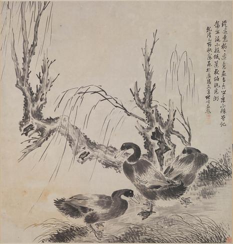 柳鸭图轴