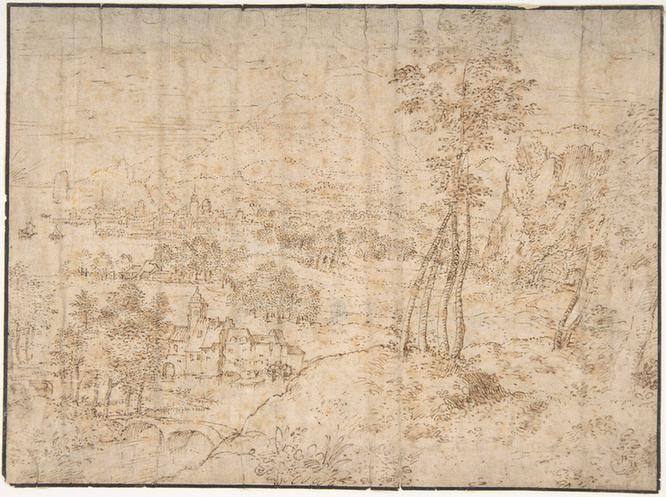 Attributed to Matthijs Cock--Landscape with a Town by the Seashore
