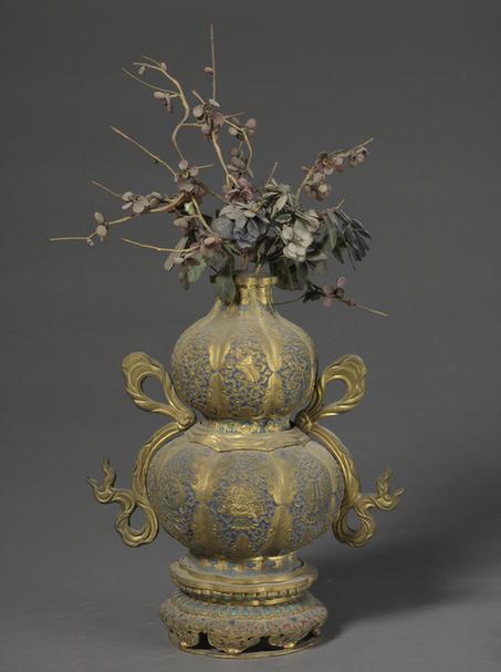 铜镀金嵌玉石玻璃葫芦式瓶玉石玻璃花卉瓶景