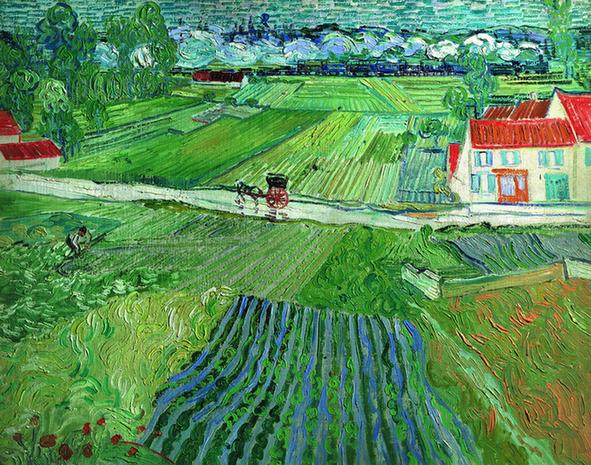 Landschaft mit Pferdewagen und Zug im Hintergrund