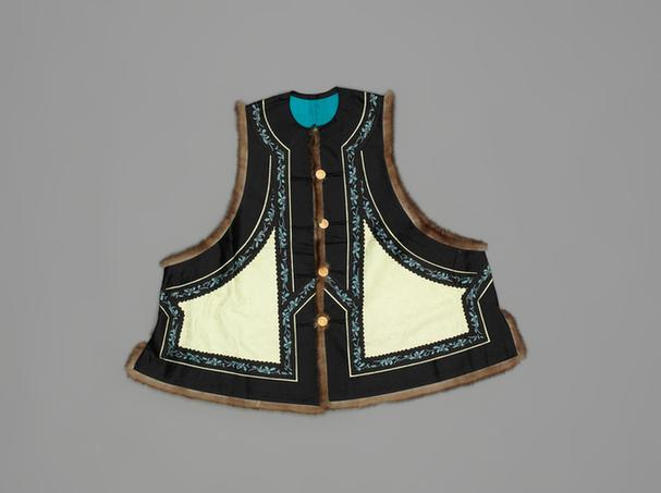 黄色团龙回纹暗花江绸镶貂皮边对襟夹坎肩