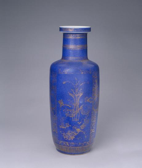 洒蓝釉描金开光博古图盘口瓶