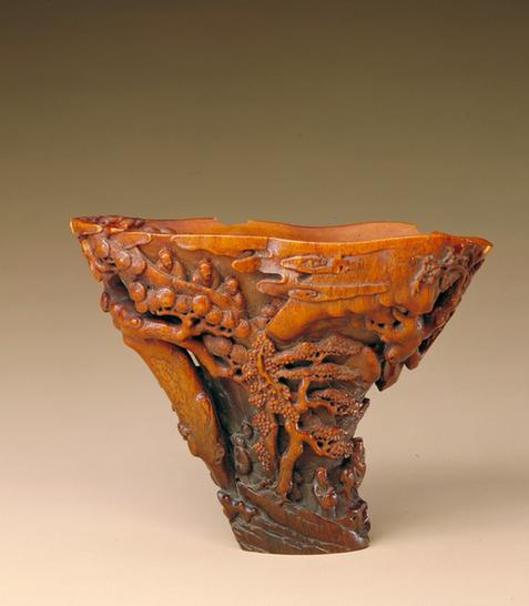 犀角雕山水人物图杯