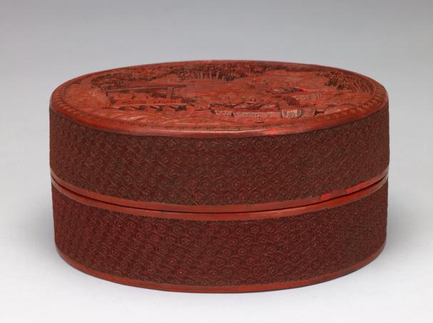 剔红山水人物流觞图扁圆盒