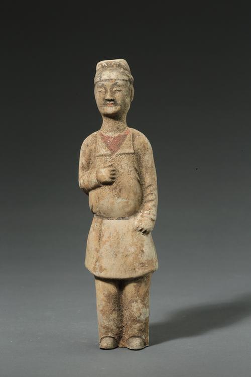 陶黄釉画彩男立俑