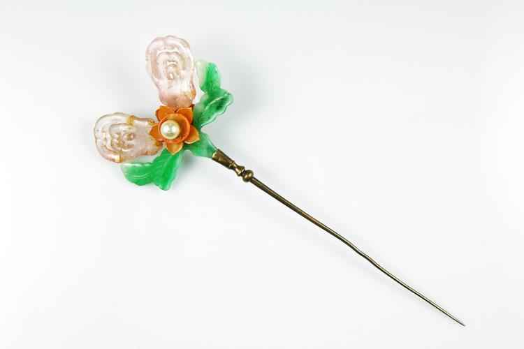 银镀金点翠嵌翠花碧玺佛手纹簪