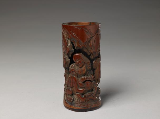 竹雕刘海戏蟾图笔筒