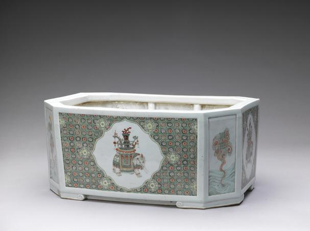 五彩锦地开光象驮瓶长方委角花盆