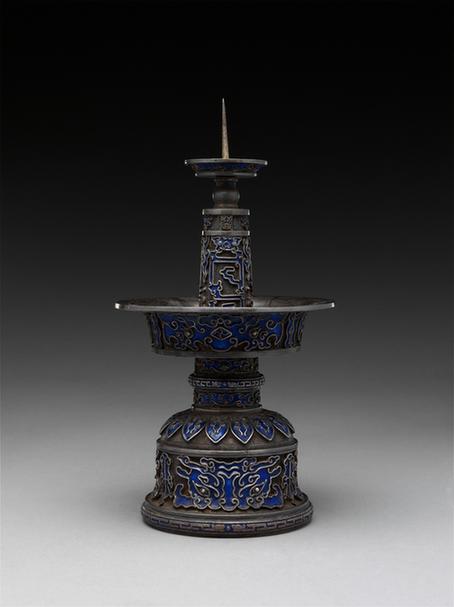 乾隆款银烧蓝五供-蕉叶兽面纹烛台
