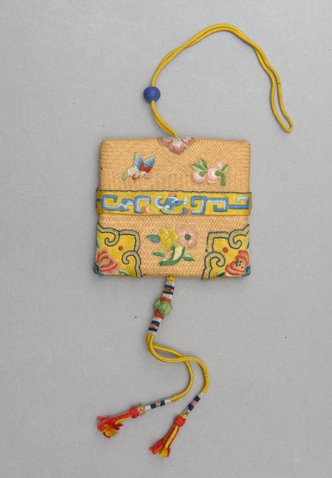 黄色缎绣花卉纹富川席火燫袋