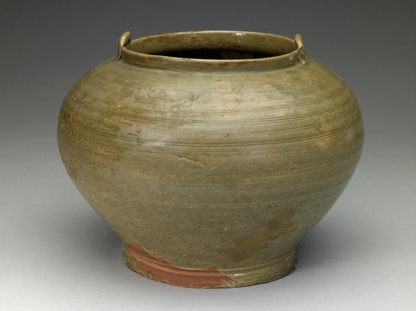 青釉弦纹双系罐