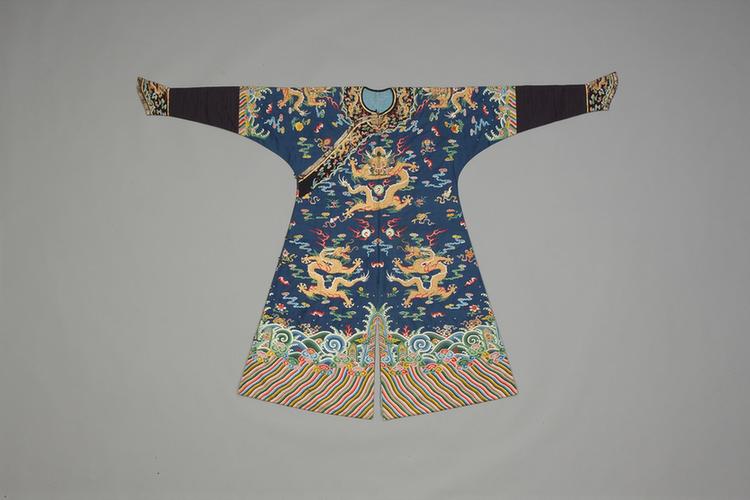 蓝色纱绣彩云蝠八宝金龙纹男夹龙袍