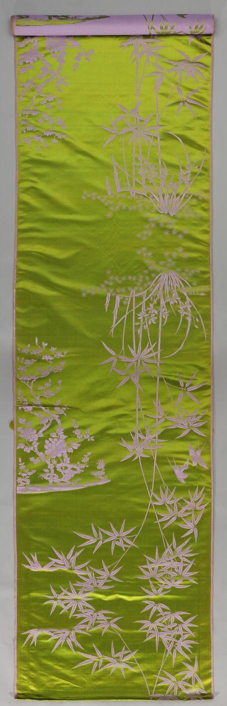 葱绿色牡丹竹燕纹二色缎