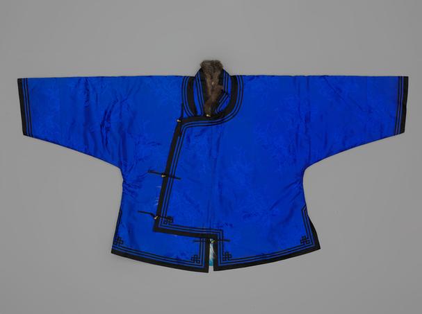 蓝色大洋花纹泰西缎豹皮琵琶襟马褂