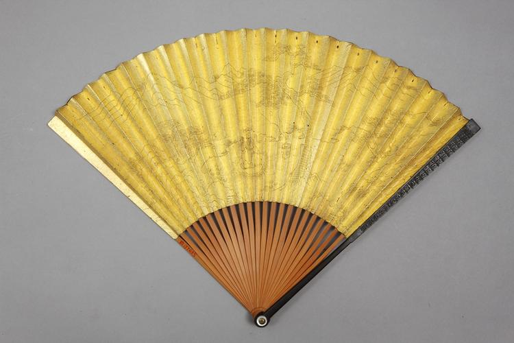 竹股红木雕寿字边金面画山水人物图面折扇