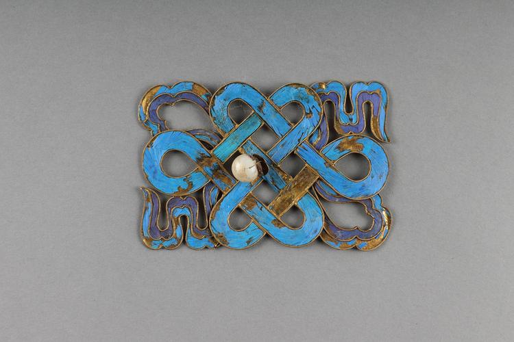 铜镀金点翠嵌珠盘肠纹帽花