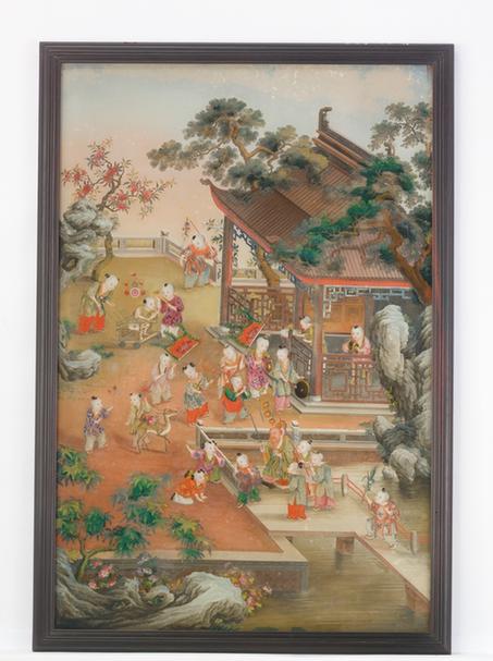 紫檀木边画玻璃岁朝图挂屏