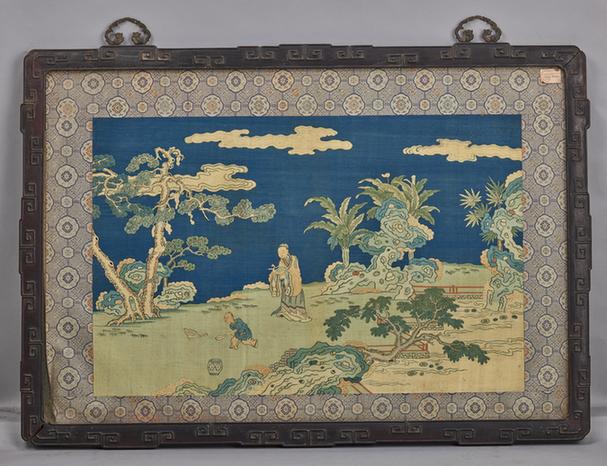 蓝地绣羲之爱鹅图镜心