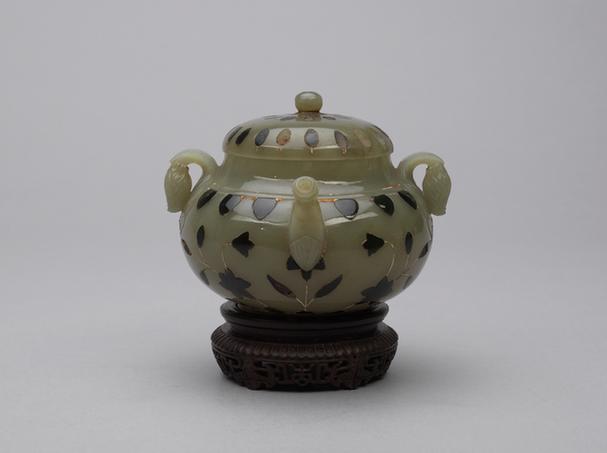 痕都斯坦青玉嵌碧玉双花叶耳花浇